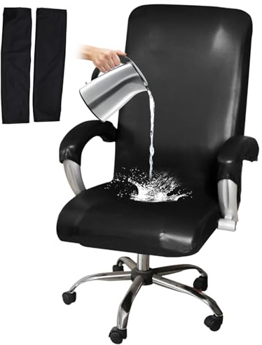 HOMECOVER Stretch Bürostuhl Bezug Wasserdicht-Schwarz-Groß | Universal PU Leder Schwenkbare Abnehmbar Computerstuhl Bezug Mit Armlehnenbezüge