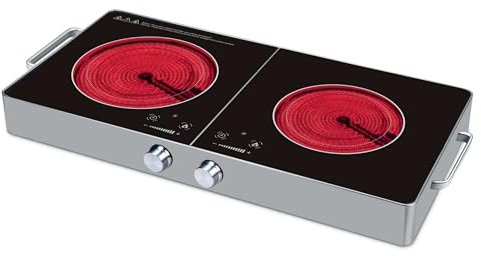 Silver Style - Plaque de cuisson vitrocéramique 2 feux posable - 3300W, minuterie, réchaud électrique réglage 9 positions, poignées, surface résistante, double foyer infrarouge, finition inox (Duo)
