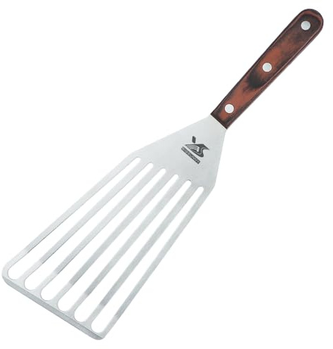 MSY BIGSUNNY Heavy Duty Fish Turner, Stainless Steel Slotted Turner with Pakkawood Handle, 4X13 Inches
