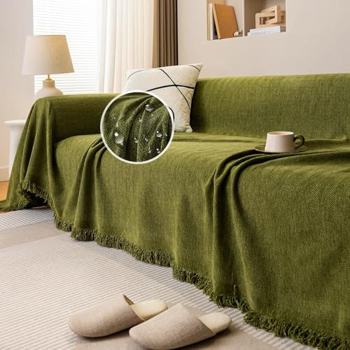 JIcloun Grün Sofa überwurfdecke L Form Große 1 2 3 4 Sitzer Sofadecke Kuscheldecke Chenille Couch Überwurf Tagesdecke mit Fransen, Wasserdicht 180x180cm