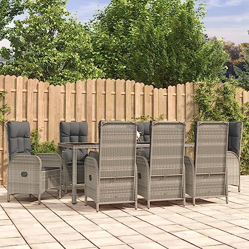WEMYUFURN 9-TLG. Garten-Essgruppe mit Kissen Grau Poly Rattan, Outdoor-Sitzgruppe, Terrassen-Lounge-Set, Garten-Couchgarnitur - Wetterbeständig, Komfortabel - für Terrasse, Garten und Balkon