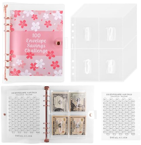 JIANTA 100 Envelope Saving Challenge, A5 Budgetplaner mit Tracker Umschläge | Spar Challenge, Sparbuch für Geld Sparen mit Check-Liste & Pre-numbered Umschläge - Rosa