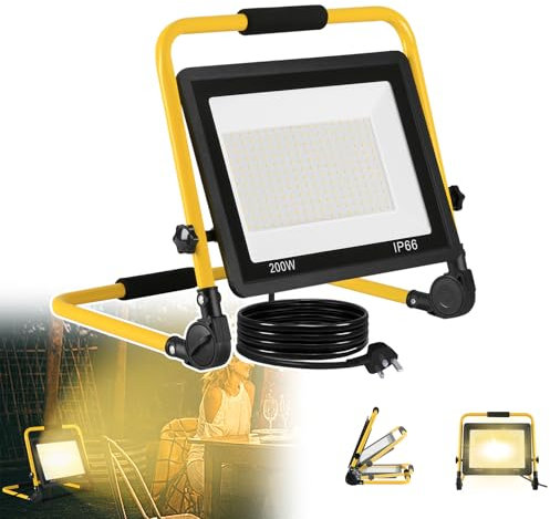 SAILUN LED Work Light 200W, 16000LM Job Site Light, Plug in Folding FloodLight IP66 Mains Powered Flood Lights, Portable Work Lights Super Bright for Workshop Garage Construction, Warm White