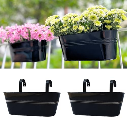 LaLaGreen Pflanzkasten für Terrassengeländer, 43,2 cm, groß, schwarz, Metall, Fenster, Blumenkästen, Outdoor, Wandbehang, Pflanzgefäße, Pflanzenhalter, Haken, Zaunschiene, Eimer, moderne Landschaft,