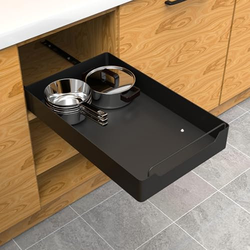 QQdou Schrank Organizer Ausziehbar, Teleskopschublade, Erweiterbar Ausziehbare Schublade Küche mit Kleber, Ohne Bohren Schrank Organizer(25 cm B x 43 cm T x 7 cm H), für Küche Pantry - Schwarz