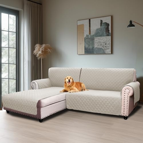 BellaHills Sofaüberzug Wasserabweisend rutschfeste Sofaüberwurf Abnehmbar mit Armlehnen Taschen und Gummiband Chaiselongue Linke (205CM) Grau Beige