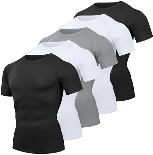 HovSiyla 5 Pack Men's Compression Shirts Cool Dry Short Sleeve Baselayer Athletic Workout T Shirts 2Black 2 White 1 Grey Large