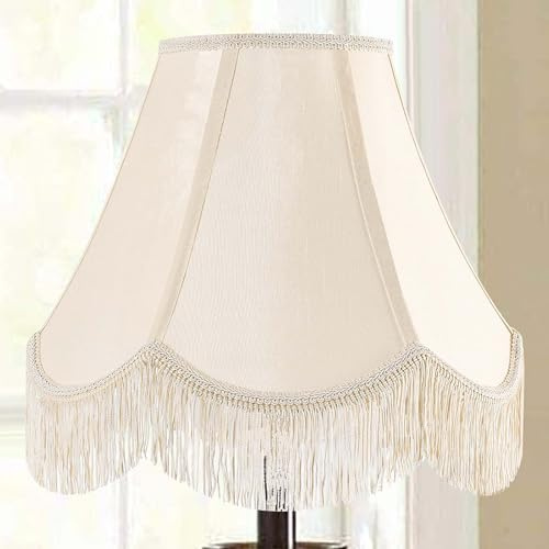 GO&SO 1 Pcs Yellowish Beige Silk Victorian Lamp Shade – Scalloped Bell Design with Fringe Trim, 6x13x10.6 Inch (Spider Fit), Fabric Replacement Shade for Table & Floor Lamps, Easy Snap Assembly