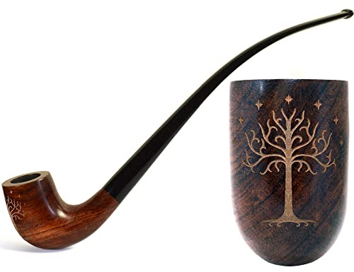 26 cm lång rökpipa i trä med långt skaft (Churchwarden) | Tolkien-inspirerad “Magiska Trädet”-gravyr | 9 mm filter | Sammetspåse ingår | Endast för tobaksanvändning