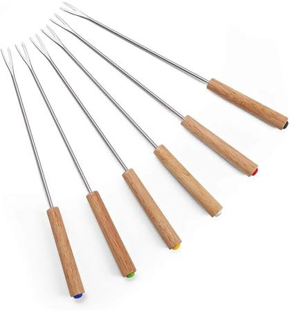 6 tenedores de fondue de acero inoxidable con mango de madera, tenedores de chocolate, resistentes al calor, para frutas, postres, brochetas, utensilios de cocina