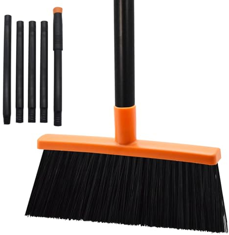 BSMstone Small Broom Stiff Bristles Brush with Long Handle Indoor or Outdoor Compact Broom for Sweeping Patio Garage Garden,Deck,Concrete Floor,Bathroom (Orange)