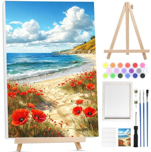 BOWETILE blommor måla efter siffror för vuxna med inramad duk och trästaffli, havsmålning efter siffror kit för vuxna nybörjare canvas-kit, gör-det-själv akrylpigment ritning målning för heminredning