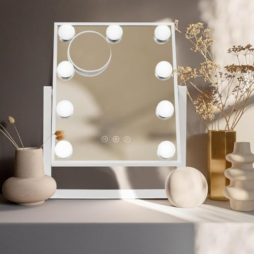 Specchio di trucco hollywoodiano con 9 lampadine LED, 3 modalità di illuminazione, schermo tattile, rotazione di 360 gradi