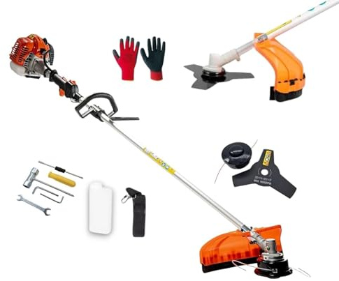 Decespugliatore a scoppio multifunzione 2 in 1 52cc 2 tempi professionale con testina doppio filo da 2 mm e disco tre denti in acciaio rinforzato tagliasiepi e bordo