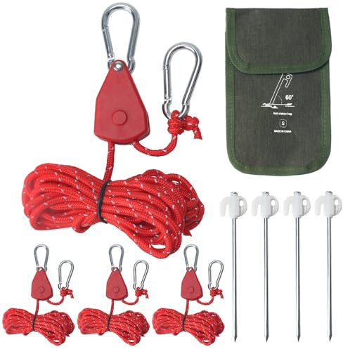 NAHUAA 4 Piezas Cuerdas Reflectantes 4mm x 4m Trinquete de Cuerda de Nailon de Tienda Tensor Cuerdas Camping Nylon Paracord Cuerda de Camping con Polea para Tipo Tienda de Campaña, Toldos, Rojo