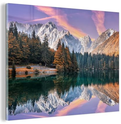 MuchoWow© Glasbilder Deko Schlafzimmer Aesthetic Wohnzimmer Glas Gemälde | 80x60 cm - Foto Geschenk Living Room Decoration Berge - Wald - Wasser - Himmel - Rosa - Lila