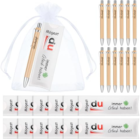 Clabby 12 Sets Glücksbringer Hülle aus Filz Kompatibel mit Duplo Schokolade Danke Geschenk für Kollegen Kugelschreiber mit Mullbeutel Viel Glück Geschenke für Mitarbeiter Freunden, ohne Schokolade