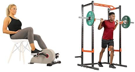 Sunny Health & Fitness Magnetic Under Desk Pedal Exerciser, Dual Function Mini Exercise Cycle Bike + Power Zone Strength Rack Power Cage - 455 KG Weight Capacity, Spotter Bar