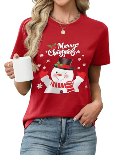 heekpek Camisetas Manga Corta Mujer de Navidad Básica Roja Verde Camiseta Algodón Cuello Redondo Casual Camisetas de Mujer Estampado Tshirt