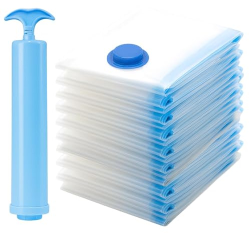 Vacuum Storage Bags 10 Pack - 50x30cm Compact Size, Hand Pump Included, Space Saving Bags for Travel, Clothes & Underbed Organisation, 10 Same Size Bags for Neat Storage