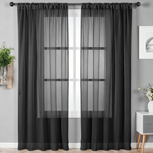 Alaoo Cortinas Salon Modernas,Translucidas Ventana Visillos Negro142x230cm | Cortinas Translucidas Salón,Cortinas Dormitorio Cortas Agujero de Varilla, para Salon Y Comerdor
