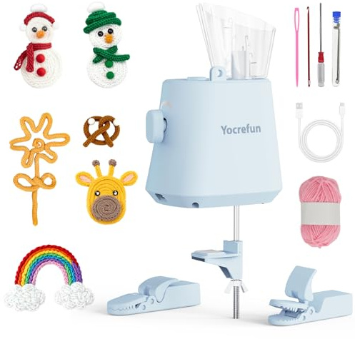 Yocrefun Automatische I-Kordel-Strickmaschine, elektrisches iCord Maker Werkzeug, i-Cord Knitter Häkelmaschine, freihändiger Garnstricker für schnelle DIY-Häkel-Strickprojekte (Blau)