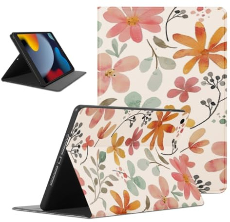 Coalbooliy Coque pour iPad 9./8./7. Generation, Aesthetic Fleur Motif Design Filles Femmes Housse de Protection Léger avec Support Fonction Ultra-Mince PU Tablet Case Étui à Rabat, Blanc