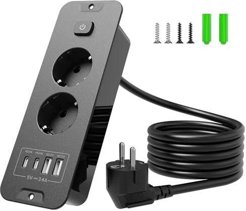 Inhwatek Multiprise Encastrable Plan de Travail, 2 Prises avec Interrupteur et USB (PD 20W), Multiprise 2m, Prise de Table pour Cuisine et Bureau, Parafoudre et Surtension, Noir