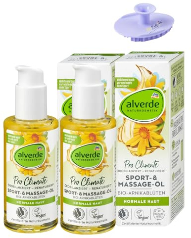 2x alverde NATURKOSMETIK Sport- & Massage-Öl, Bio-Arnikablüten, Körperpflege, Naturkosmetik, Vegan, 100 ml + Bonus Silikonschwamm