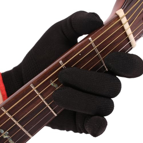 Keenso Gitarrenhandschuhe, Schwarzer Nylon-Fingerschutz für Musiker, Bequeme Passform für Anfänger und Profis, die Gitarre, Violine, Banjo, Ukulele Spielen (L)