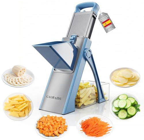 Cortador de mandolina seguro para cocina, cortador de papas ajustable,cortador de papas fritas,Lâminas de aço construídas, Utensílio de corte de cozinha para batata (azul grande)
