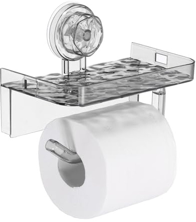 sourcing map Toilettenpapierhalter mit Saugnapf, Wandmontage, Badezimmer-Tücheraufbewahrung mit Regal, Acryl-Papier-Aufbewahrungshalter, kein Bohren, für WC, Badezimmer, Küche, Grau