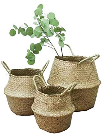 Cesta de junco marino de, juego de 3 unidades, tejido natural, cesta para almacenamiento con asa plegable, para colgar, para maceta, como decoracioacuten