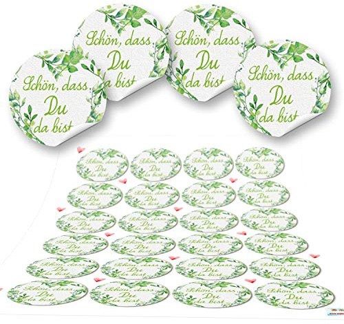 Logbuch-Verlag 24 Aufkleber SCHÖN DASS DU DA BIST rund grün hellgrün weiß 4 cm Gastgeschenke Hochzeit Kommunion Konfirmation