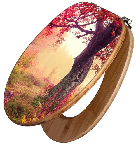 banjado Design WC Sitz Bambus 45x37,5cm / Toilettendeckel Holz/hochwertiger Toilettensitz/Bambus-Toilettendeckel für alle gängigen Toiletten - Lichtung Im Herbst