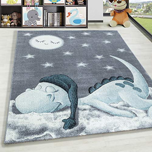 HomebyHome Kurzflor Kinderteppich für Jungen und Mädchen Dino Wolke Design 160 x 230 cm Blau - Waschbarer Teppich Extra Weich und Antiallergen - Teppich für Kinderzimmer, Babyzimmer und Spielzimmer