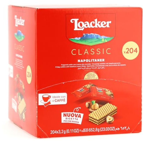 Loacker, Classic Napolitaner, Wafer Fragranti Farciti con 2 Strati di Crema di Nocciole 100% Italiane, Confezioni Monoporzione Ideali per Bar e Caffetterie, Confezione Convenienza da 204 Pezzi
