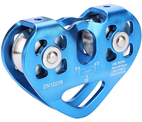 Pwshymi 30KN Kletterrolle Doppelriemenscheibe Seilrutsche Rettungskabelwagen Outdoor Kletterausrüstung(Blau)