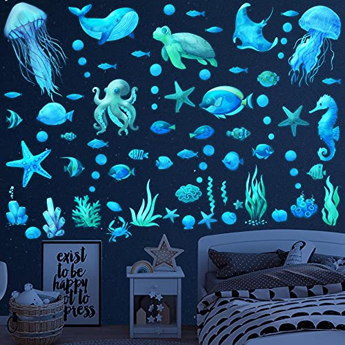 Wandtattoo Badezimmer Unterwasserwelt Meer Sticker Wandsticker Fische Selbstklebend Leuchtsterne Kinderzimmer Jungen Fluoreszierende Wand Aufkleber Deko für Kinder Babyzimmer Schlafzimmer Wohnzimmer
