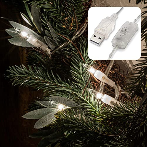 hellum Lichterkette LED mit Schalter für innen, 20 Lichter, USB, 2er Set | Lichterkette 20er, beleuchtet 2,28m, Kabel transparent, LED Lichterkette warmweiß für Schminktisch und Schwibbogen 150681