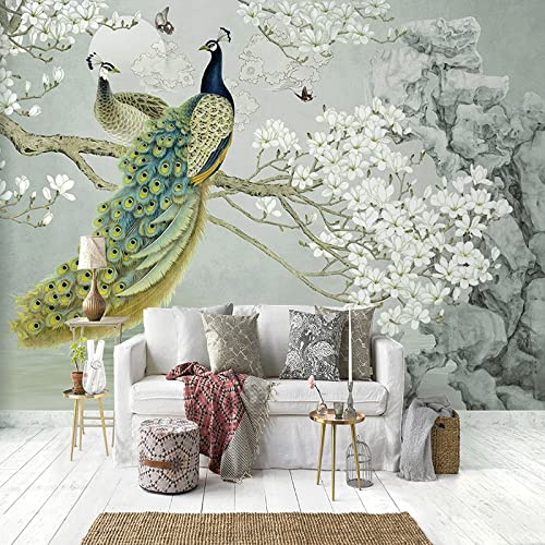 Fotomurale Personalizzata Carta Da Parati 3D Pavone Fiori Di Magnolia Pittura Murale Studio Soggiorno Sfondo Home Decor 200Cm(W)×140Cm(H)