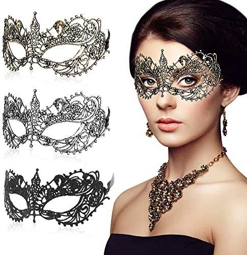 Sibba 3 Stück Masquerade Masks Spitze Maske Venezianische Maskerade Maske Sexy Lace Augenmaske Halloween Masken Spitzenmaske Cosplay Kostüm Karneval Party Abend Abschlussball Fasching Gesichtsmaske