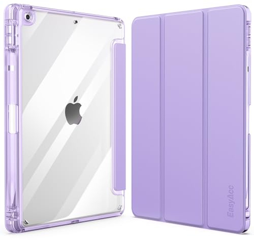 EasyAcc Hülle für iPad 9 8 7 Generation mit Stifthalter 10,2 Zoll Modell 2021/2020/2019 Stoßfeste Schutzhülle mit Transparenter Hartschale auf der Rückseite, Auto Schlafen Wachen Violett