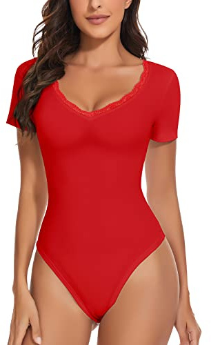 WOWENY Body Damen Kurzarm mit Spitze Elegant V-ausschnitt Bodysuit | Sexy Bodysuit Oberteil Tops Tshirt Bodys für Frauen Party Festival Weich Bequem