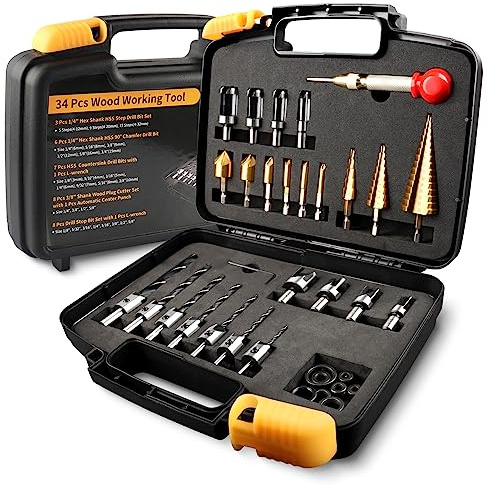 ZORUNNA 34 Pcs Woodworking Chamfer Drilling Tools Including 6 Countersink Drill Bit Set, 7 Counter Sink Bit, 8 Plug Cutters for Woodworking, 3 Step Drill Bit and 8 Drill Stop Collar Set.