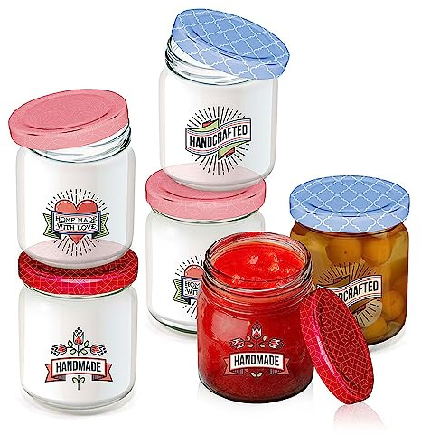 Murago - 6 x Schraubgläser mit Deckel je ca.200ml - Schraubdeckel Handmade with love klein Vorratsgläser Einmachgläser Set Einmachglas Marmeladengläser Geschenkidee Mitbringsel stapelbar