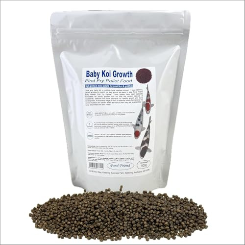 Pond Friend Baby Koi Growth Food & Fry Grower – 2mm Mini Pellets for Small Koi, Goldfish & Carp – 50% High Protein Premium Floating Fish Food, 500g