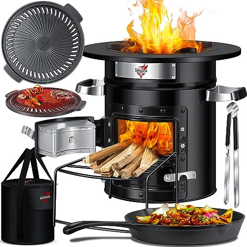KESSER® Four Rocket Stove avec poêle à griller en fonte avec sac de transport et pince à barbecue - poêle à bois - Réchaud de camping - Barbecue de camping, acier inoxydable - Noir