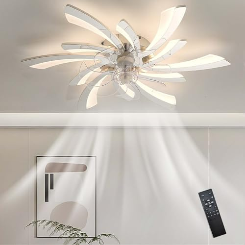 Caufloce LED Lampadario Con Ventilatore Da Soffitto Silenziosio, Moderno Dimmerabile Lampadario Ventilatore Smart Reversibile Telecomando Luce Ventilatore Camera Da Letto Soggiorno, Cucina-White