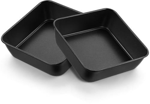 E-far 6 Inch Square Cake Pan Set of 2, Nonstick Small Baking Pan with Stainless Steel Core for Brownies Lasagna Cakes, Non-toxic & Easy Clean, 2 Inch Deep (Black)